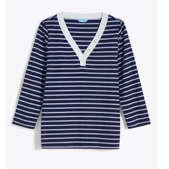 Draper James V-Neck Puff Sleeve Shirt in Nassau Navy Mariner Stripe Size XL - Picture 2 of 7